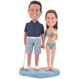 Custom Couple bobble head playing golfer on beach